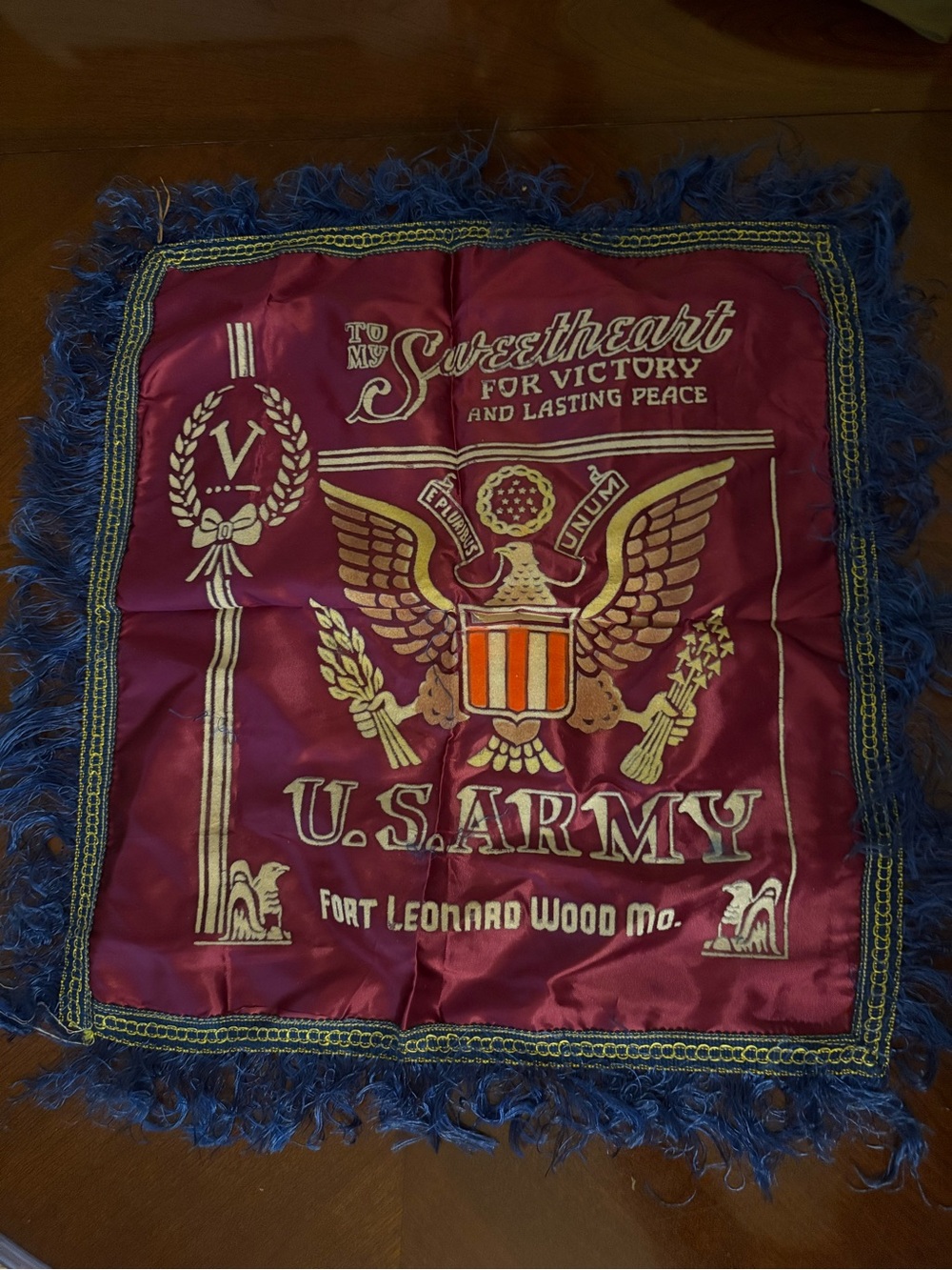 U.S. Army Silk Souvenir Pillow Cover - Burgundy with Blue Fringe